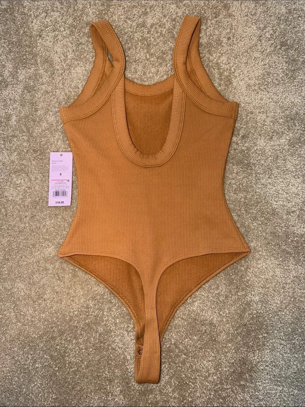 wild fable Ribbed Tank One-Piece Bodysuit in Caramel Brown - Picture 2 of 2